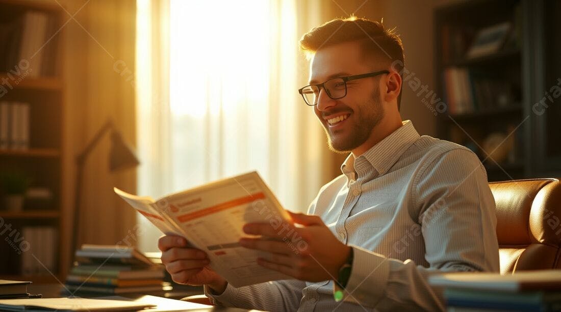 Homem lendo revista em escritório iluminado
