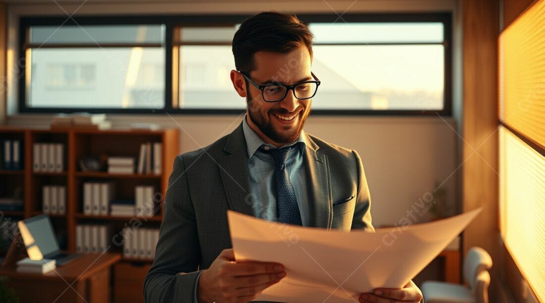 Homem de negócios feliz analisando documentos