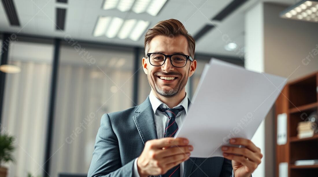 Homem de Negócios Feliz lendo documentos