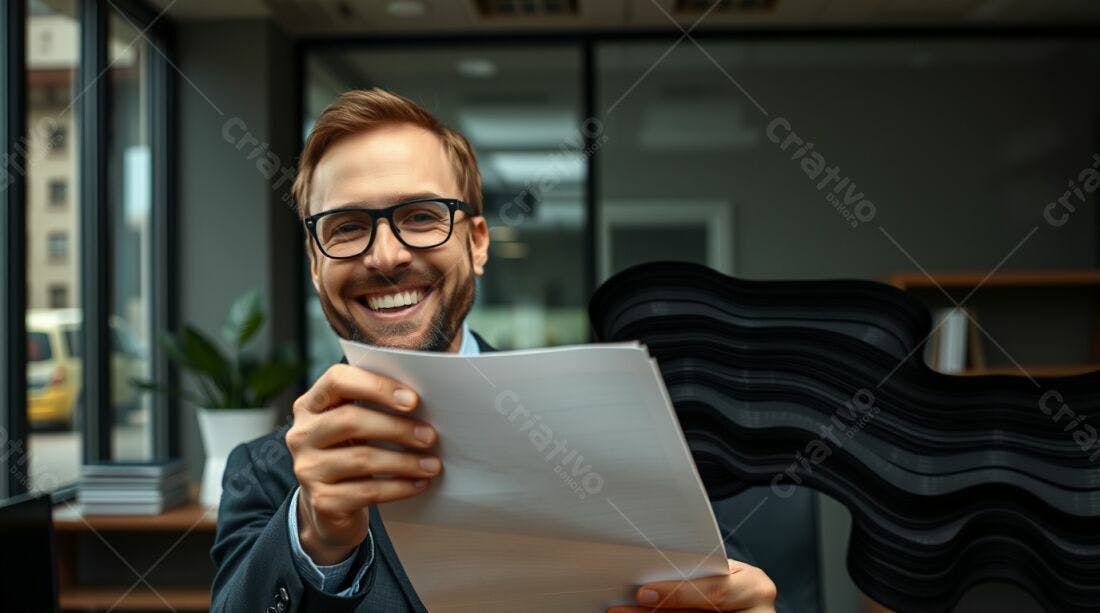 Homem feliz lendo documentos no escritório