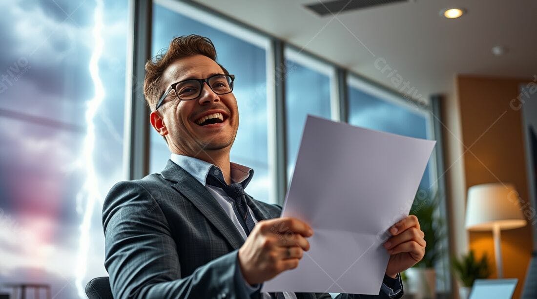 Homem de terno rindo ao ler documento