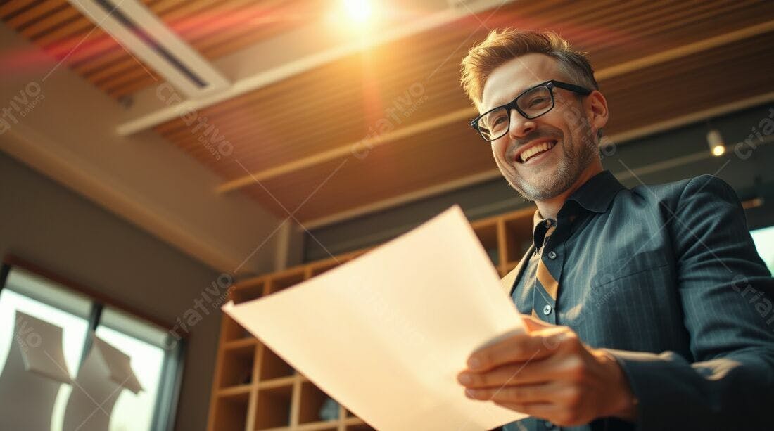 Homem feliz lendo documentos em escritório moderno