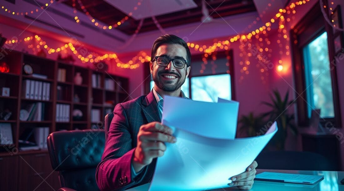 Homem de Negócios Revisando Documentos Escritório Noturno