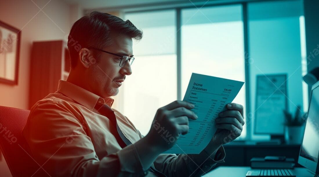 Homem analisando relatório financeiro em escritório