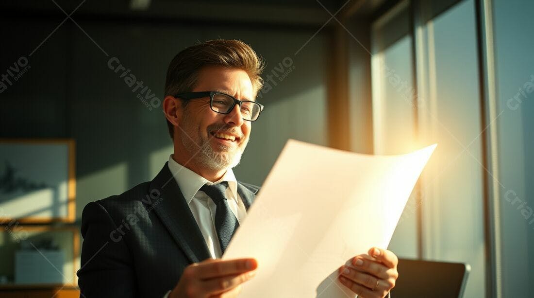 Executivo lendo documentos num escritório iluminado