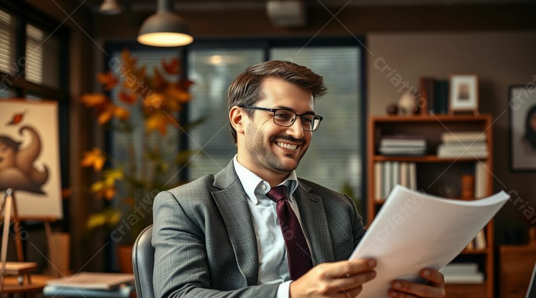 Homem feliz lendo documentos em escritório