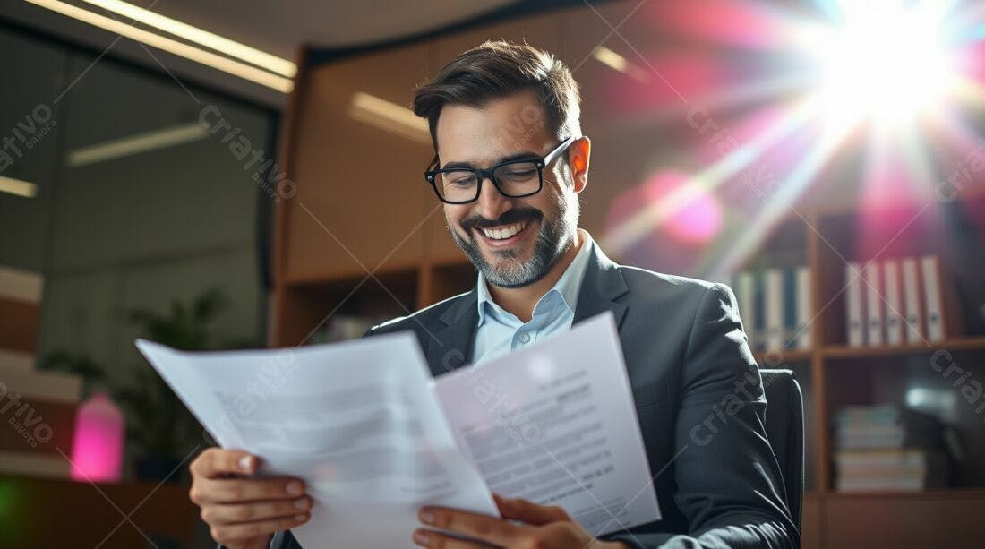 Homem feliz lendo documentos no escritório
