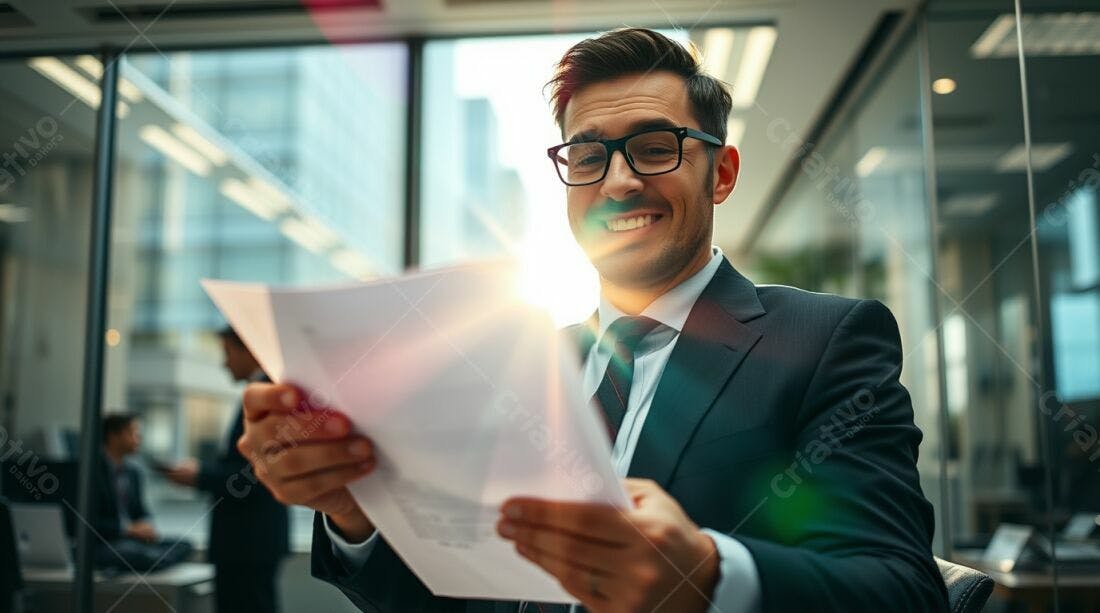 Homem de Negócios Lendo Documentos Escritório Moderno