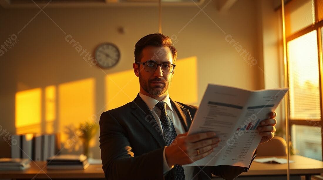 Executivo analisando documentos ao pôr do sol