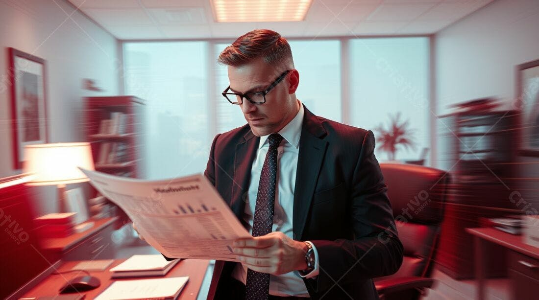 Executivo lendo jornal em escritório moderno