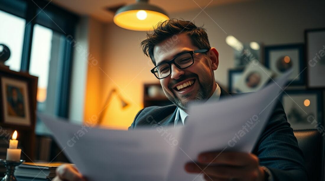 Homem de Negócios Lendo Documentos e Sorrindo
