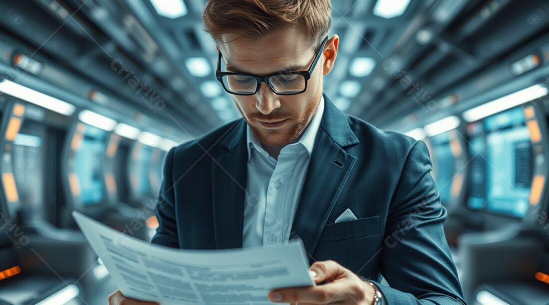 Executivo lendo documentos em ambiente futurista