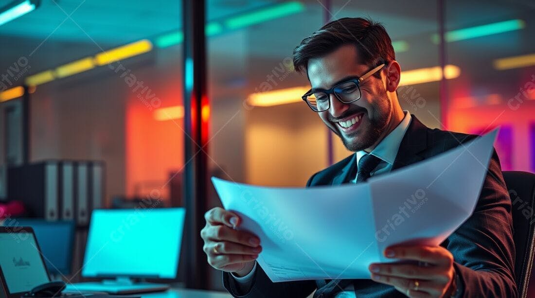 Homem lendo documentos com sorriso no escritório noturno