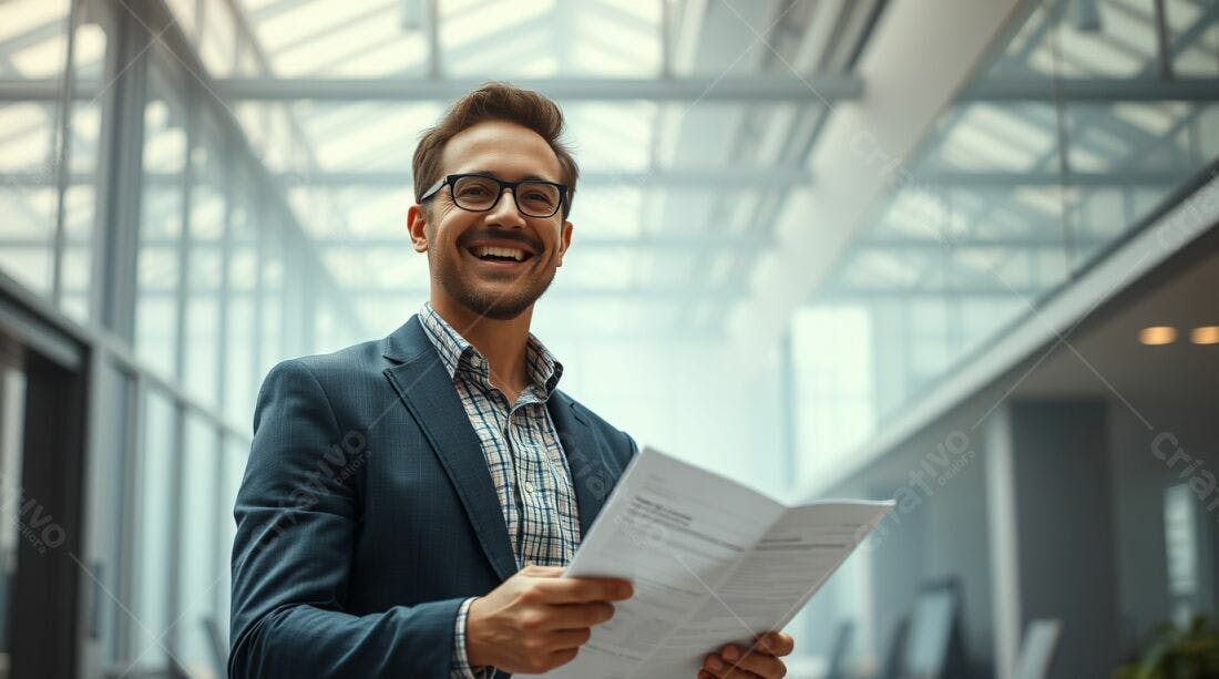 Homem feliz lendo documentos em escritório moderno