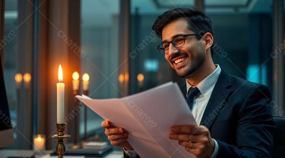 Homem de Negócios Lendo Documentos à Noite