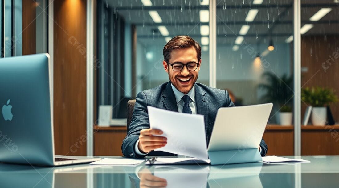 Homem de Negócios Feliz lendo documentos