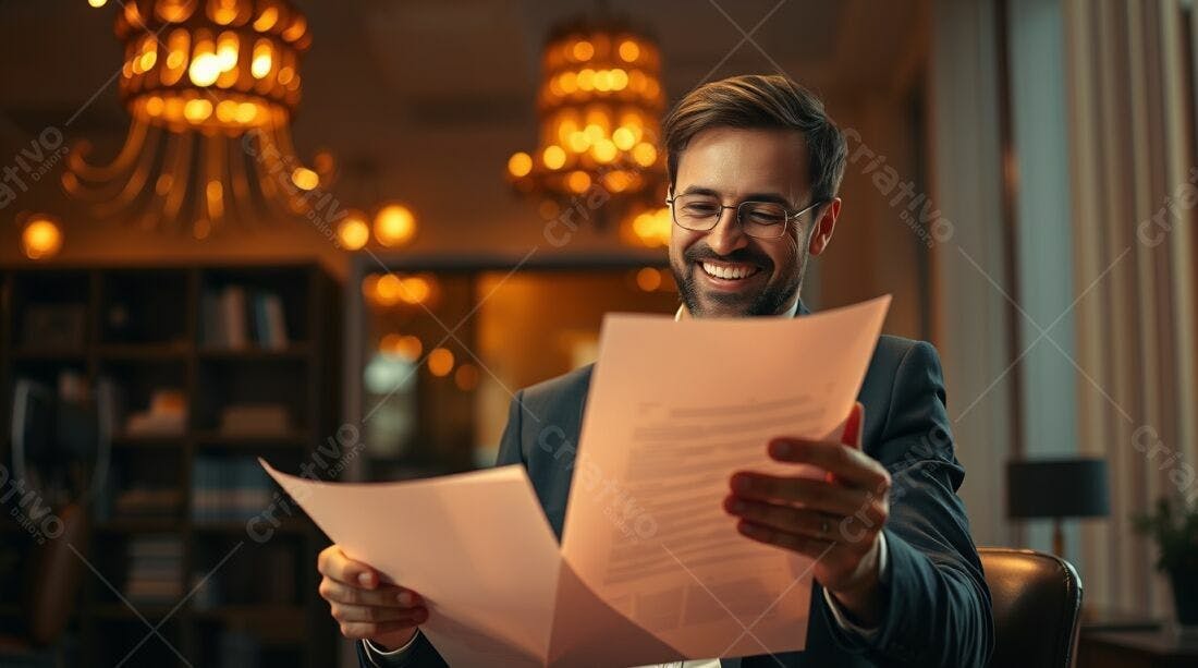 Homem feliz lendo documentos em escritório