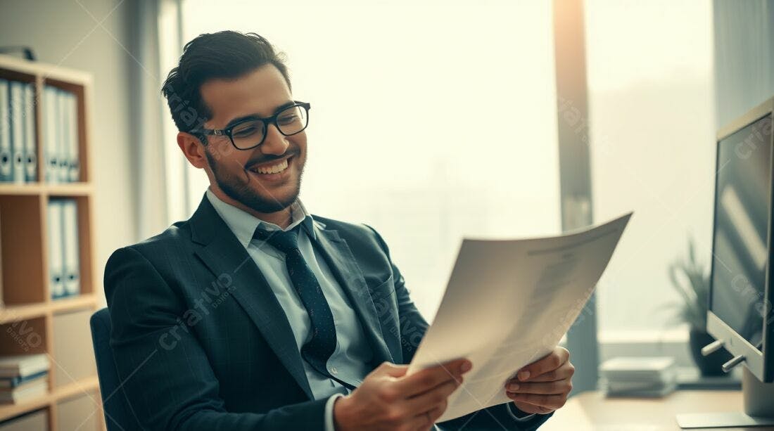Homem de Negócios Lendo Documento Sorrindo