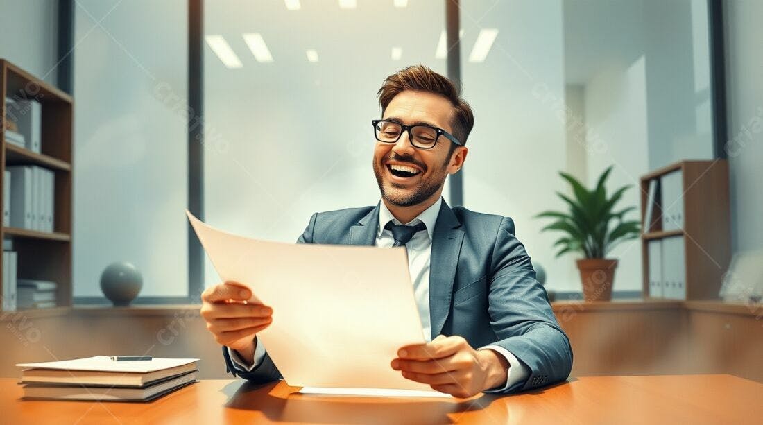 Homem de terno lendo documento com alegria