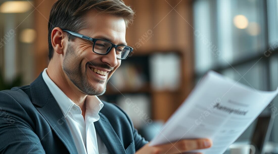 Homem de Negócios Lendo Documento com Sorriso