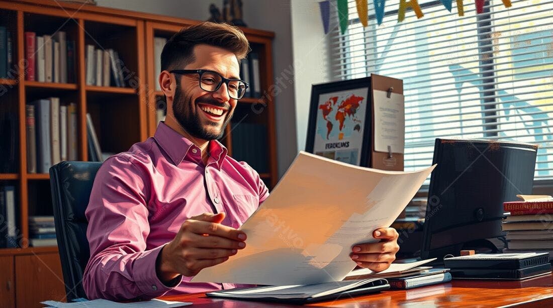 Homem feliz lendo documentos em escritório iluminado