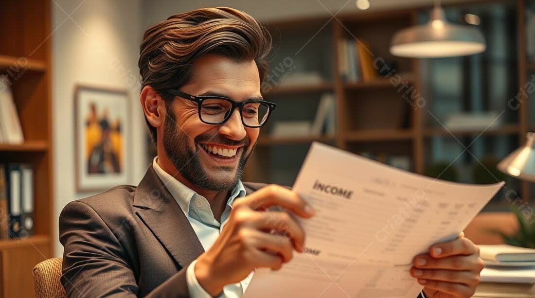Homem feliz lendo relatório de ganhos