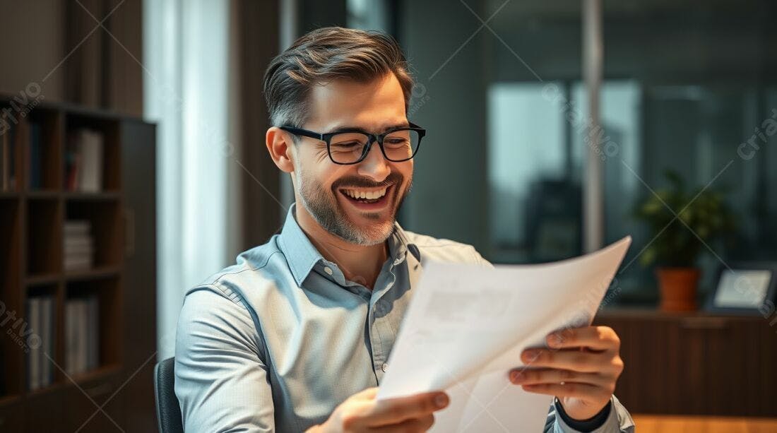Homem feliz lendo documentos no escritório