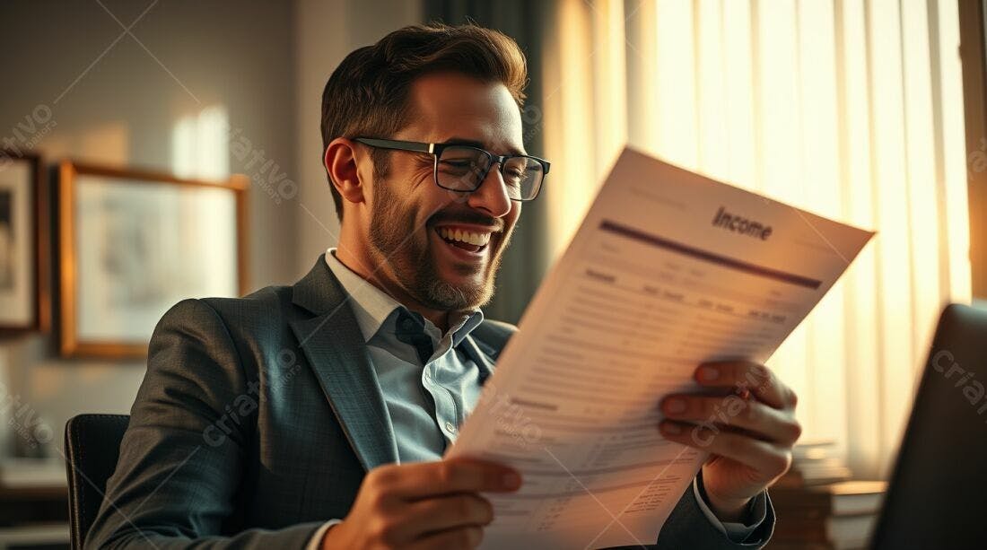 Homem feliz lendo relatório de renda