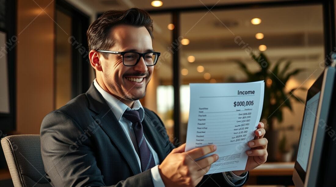 Homem feliz lendo relatório de lucros altos