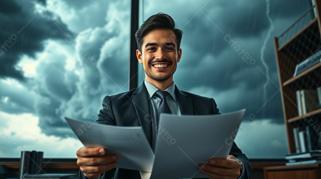 Homem de Negócios Confiante Revisando Documentos
