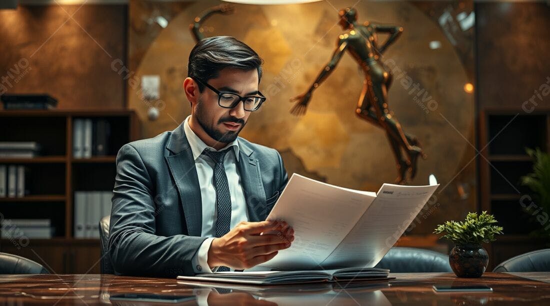 Homem de Negócios Lendo Documentos em Escritório Luxuoso
