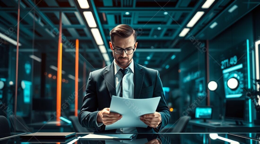 Executivo lendo documentos em escritório moderno