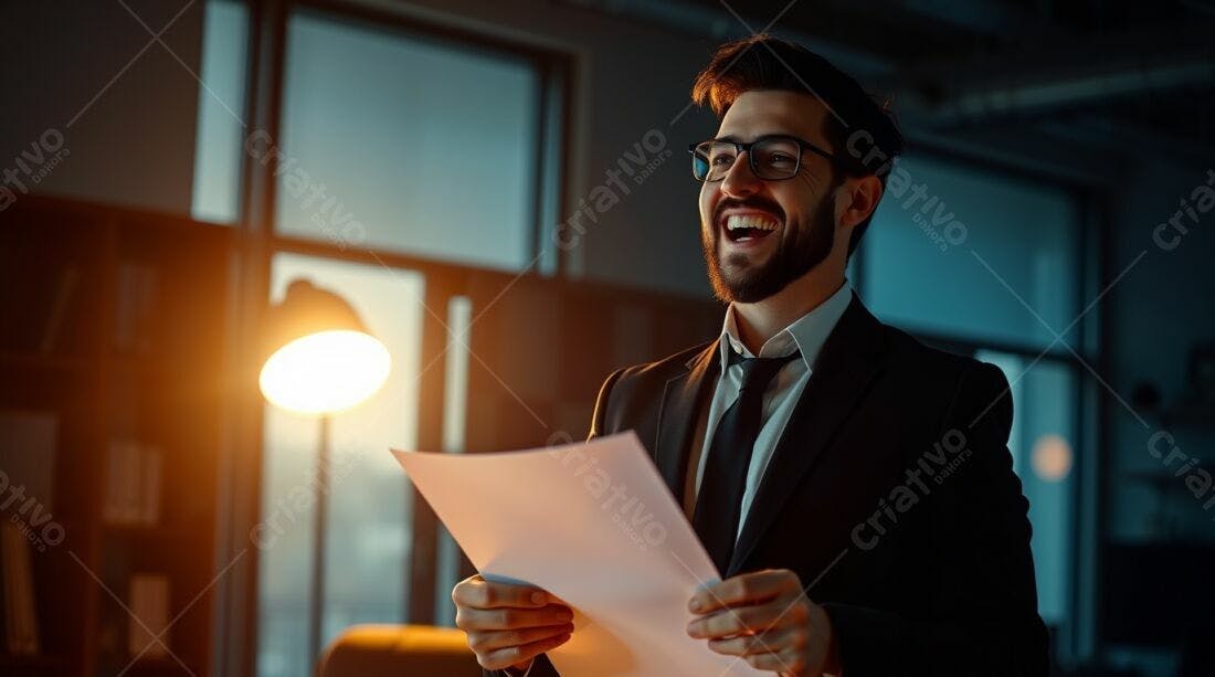 Homem de terno lendo documento e sorrindo
