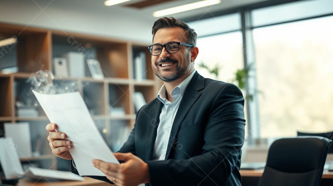 Executivo feliz lendo documentos no escritório