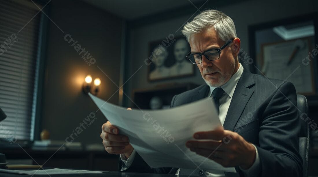 Executivo analisando documentos em escritório