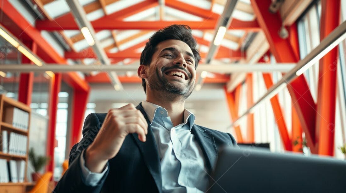 Homem feliz em escritório moderno