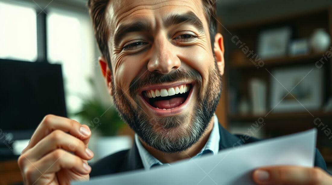 Homem barbudo lendo documento e rindo