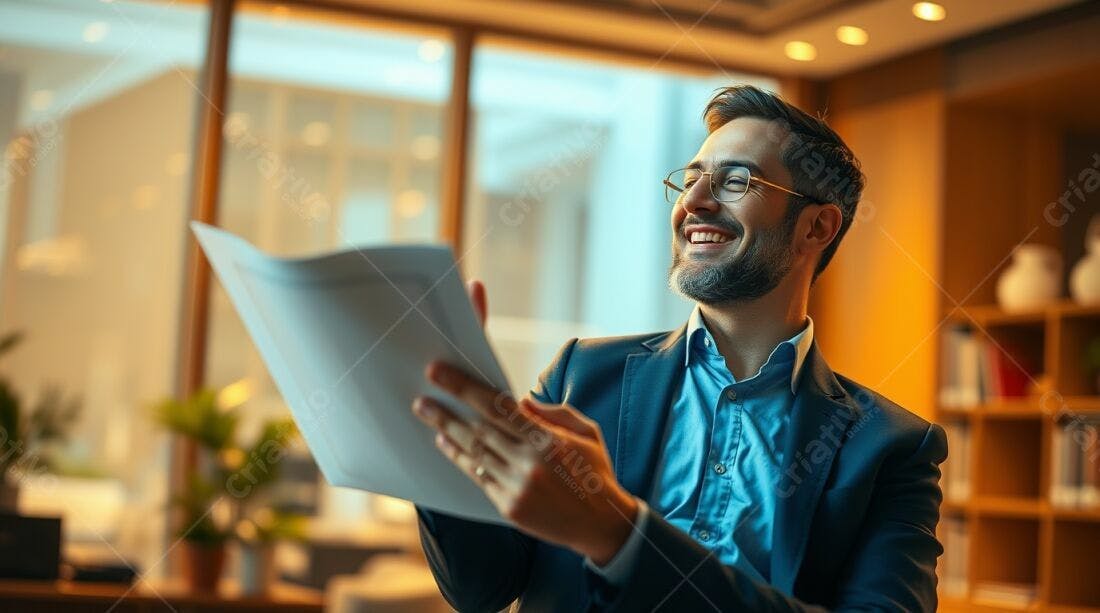 Homem feliz lendo documentos em escritório
