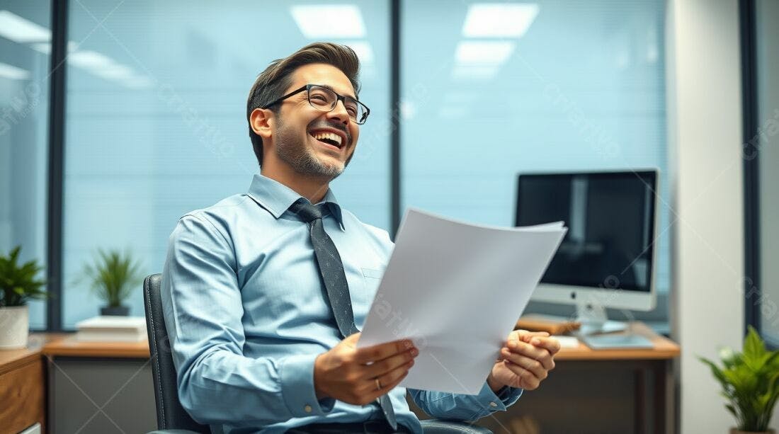 Homem feliz lendo documentos no escritório