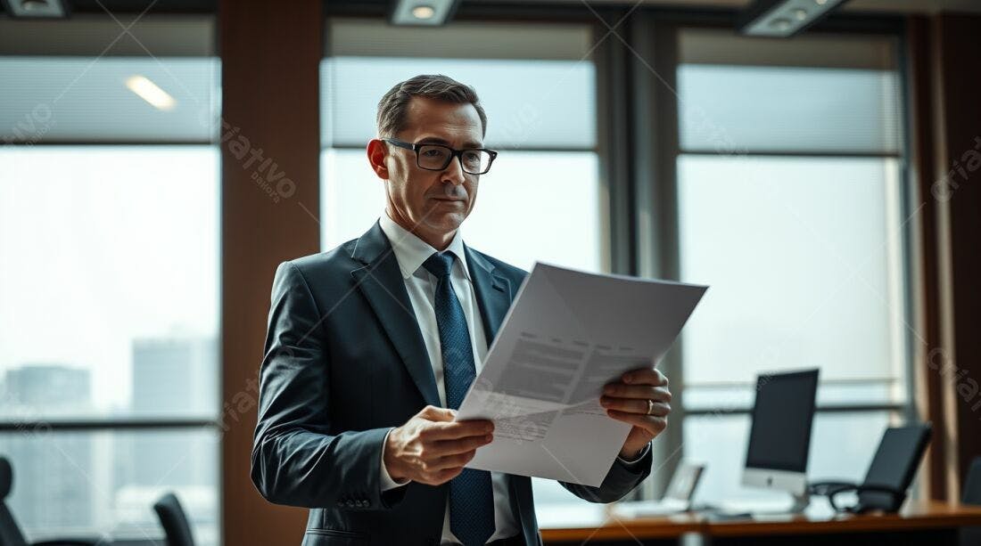 Executivo lendo documentos em escritório moderno