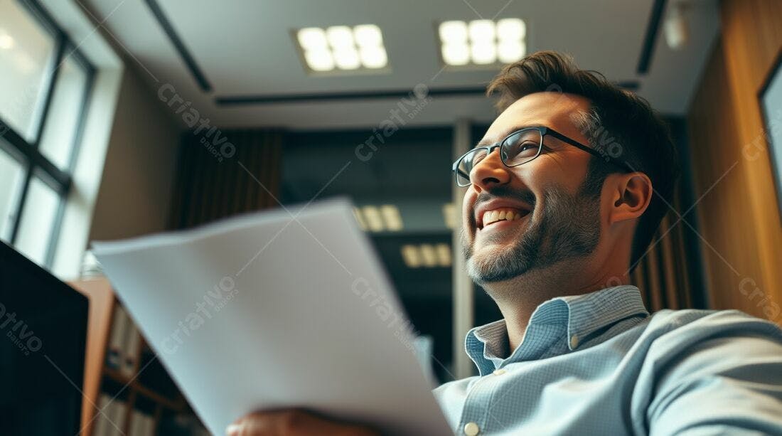 Homem feliz lendo documentos em escritório