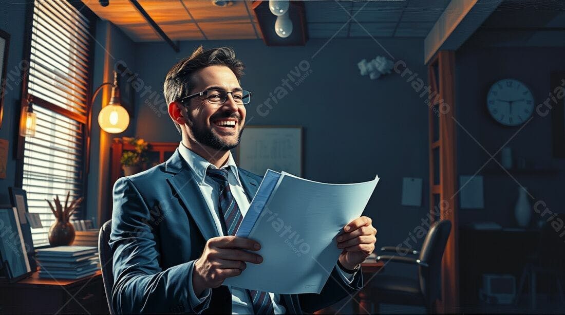 Homem feliz lendo documentos em escritório noturno