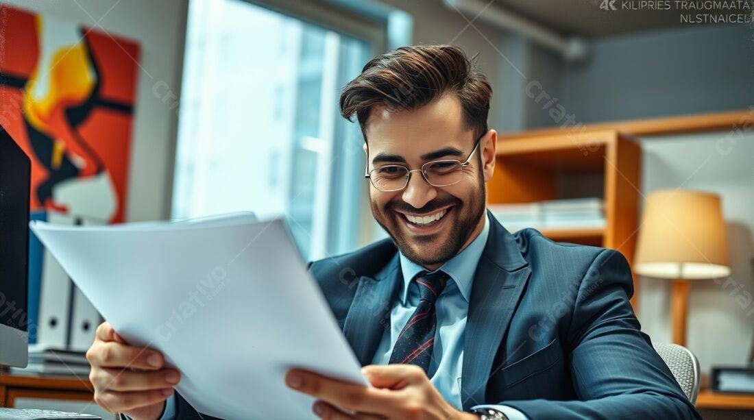 Homem de terno lendo documentos sorrindo