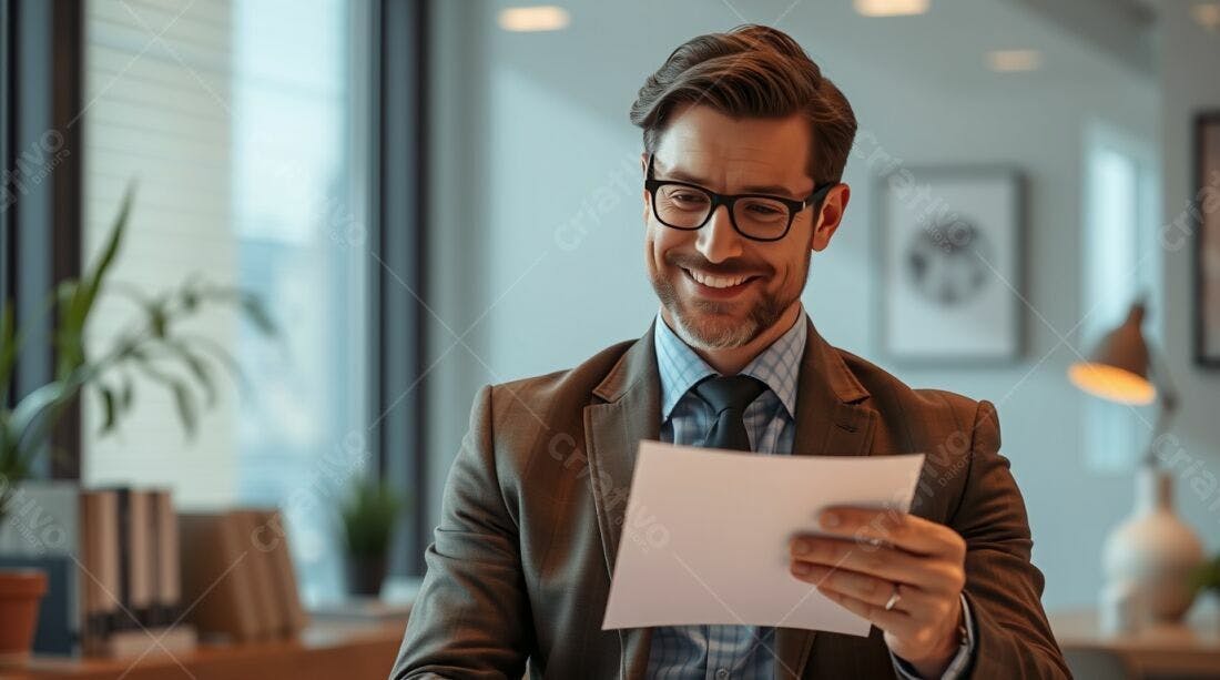 Homem de terno lendo documento com sorriso