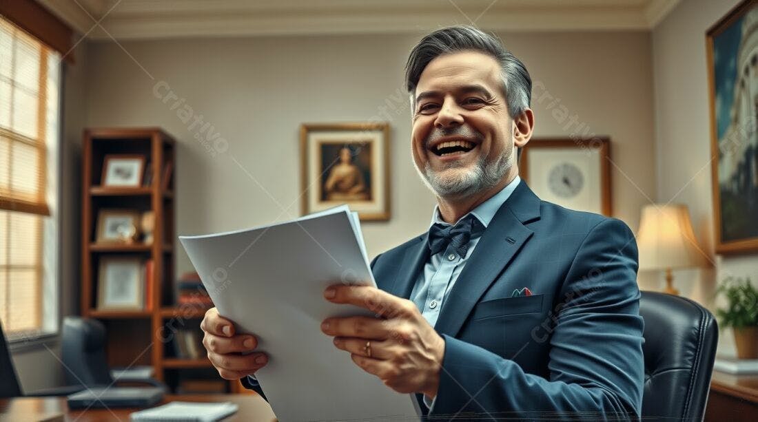 Homem maduro feliz lendo documentos em seu escritório