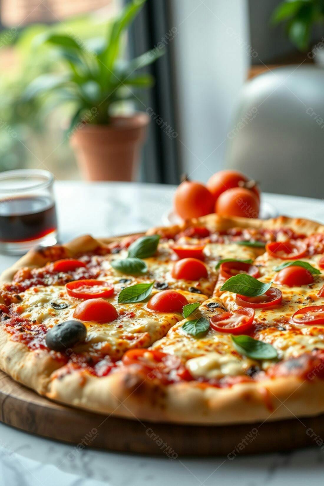 Pizza Margherita com tomates cereja e manjericão