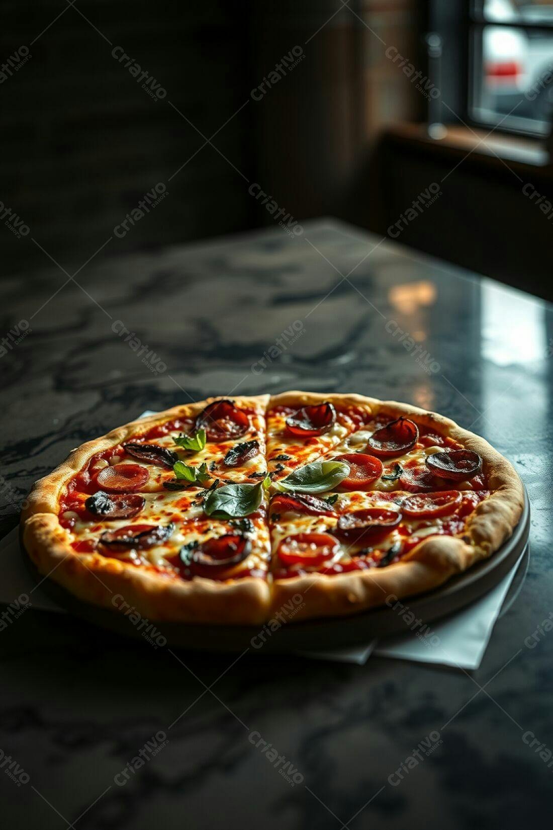 Pizza de Calabresa deliciosa em mesa escura