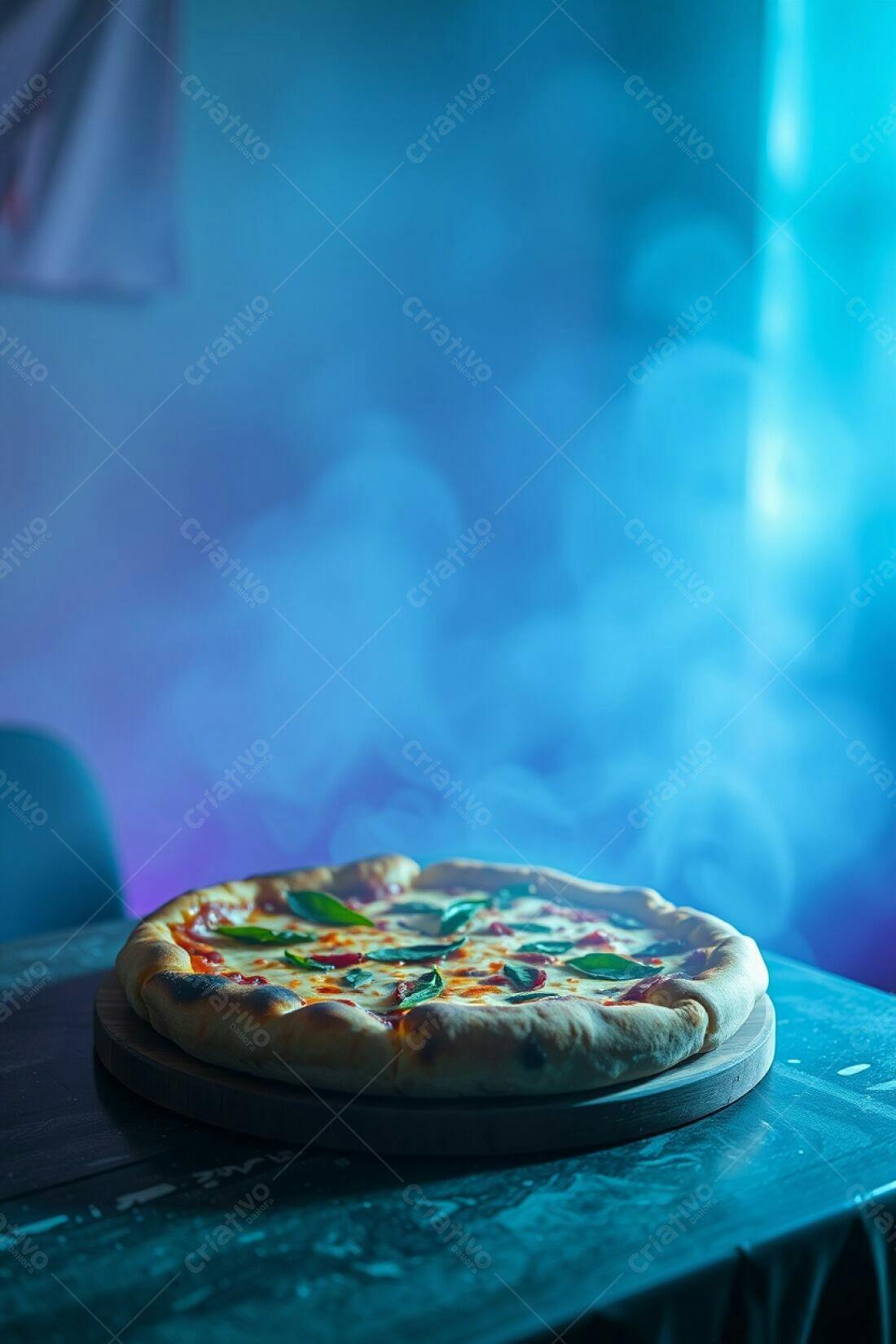 Pizza quentinha com manjericão em fundo azul