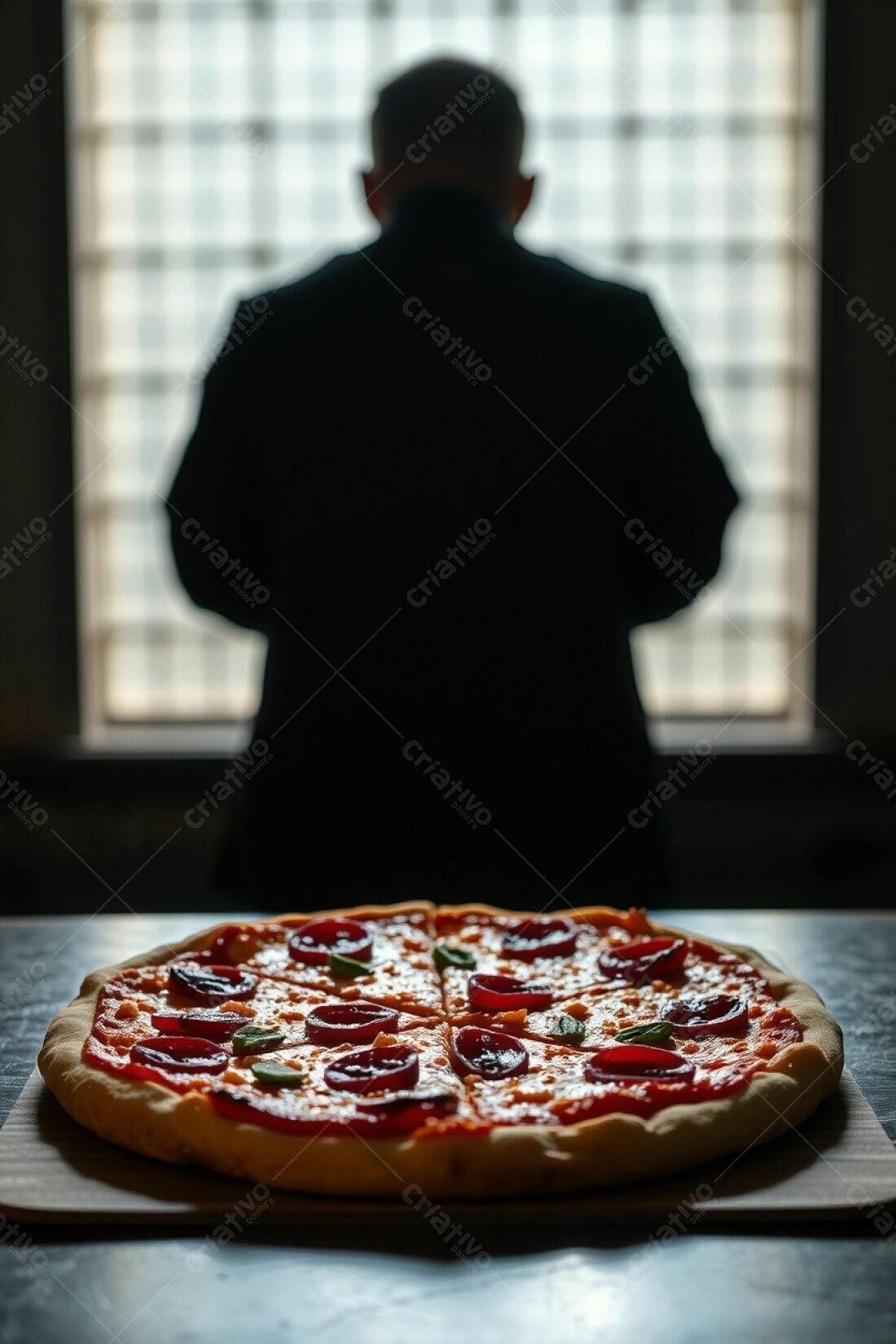 Pizza de tomate e manjericão com fundo misterioso