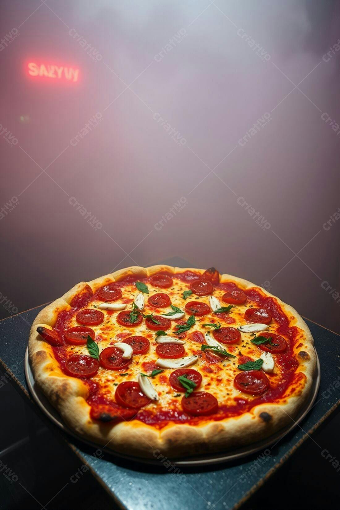 Pizza de Pepperoni com Tomates e Manjericão